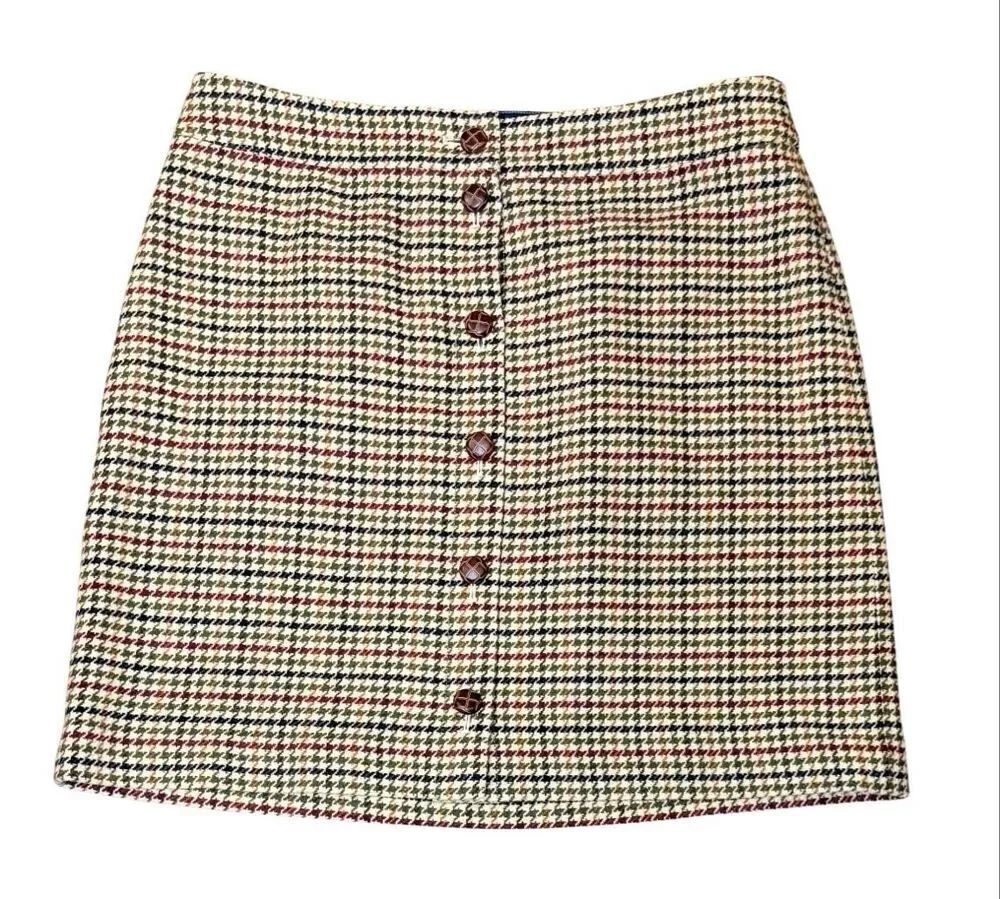 Talbots Wool Blend Houndstooth Mini Skirt 14Petite Brown Cream Preppy Classic
